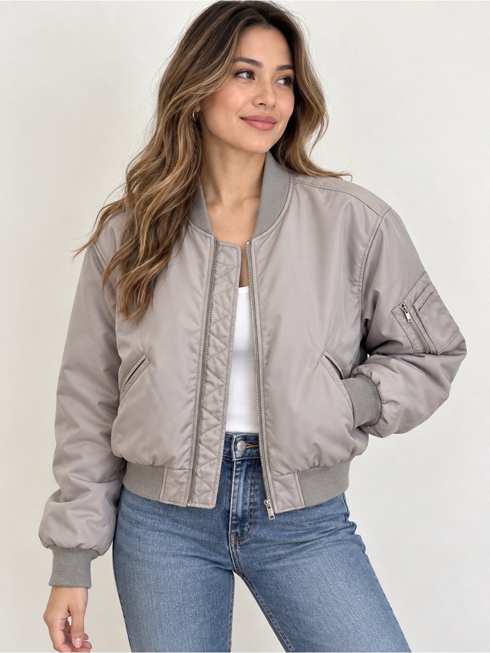 Babaton Taupe Bomber Jacket with Ribbed Trim